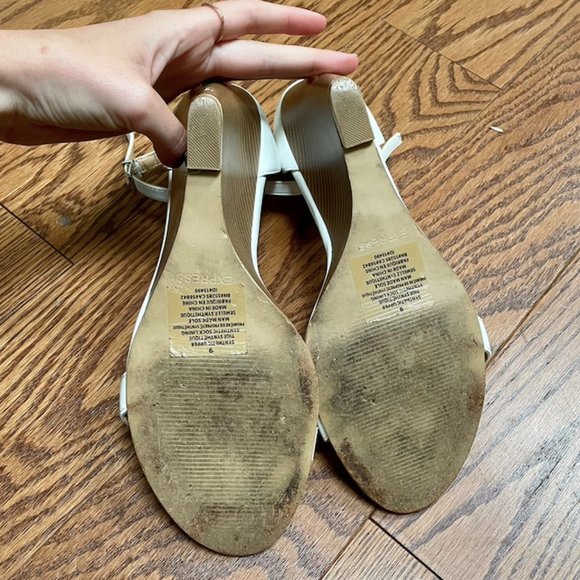 Express White and Tan High Wedges with Thin Toe and Ankle Straps - Picture 3 of 7